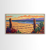 Beach Cactus, Fence, Framed Canvas Print, Vibrant Desert Beach Landscape, Colorful Boho Western Decor, Southwestern Living Room Art