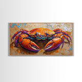 Crab Colorful, Beach, Framed Canvas Print, Brightly painted crab on sand, Ocean Kitchen Decor, Playful Beach Art, Coastal Wall Art