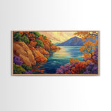 Mountain Lake, Trees, Reflection, Canvas Print with vivid autumn landscape painting, living room wall art, boho nature decor