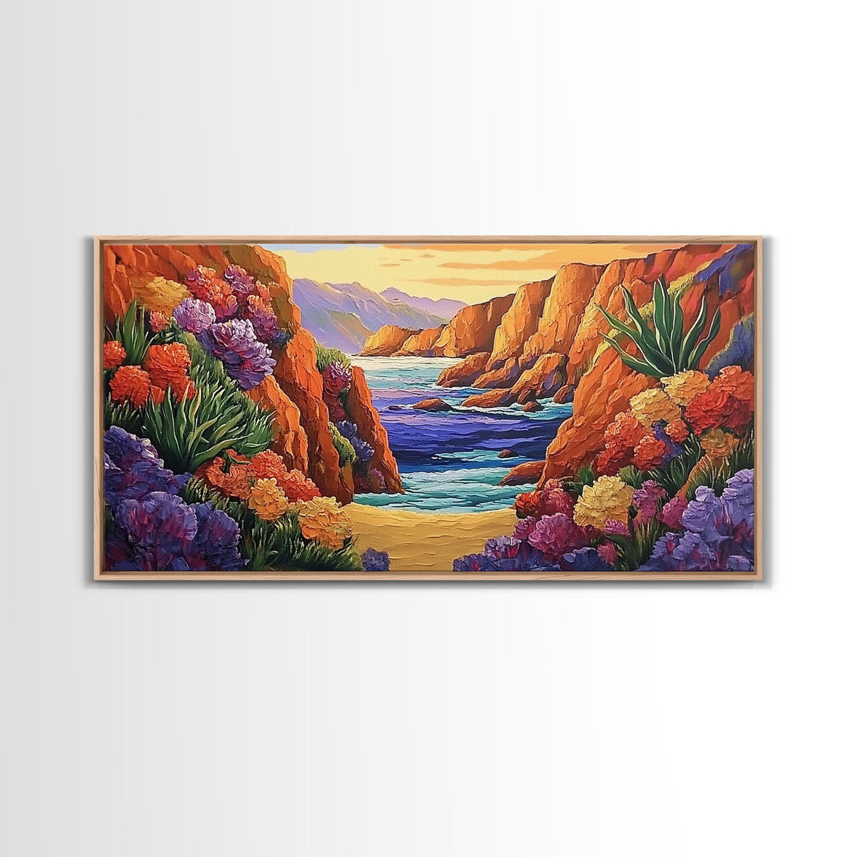 Desert Coast, Flowers, Path, Canvas Print, vibrant canyon seascape, southwest home decor, hallway wall art, colorful desert painting