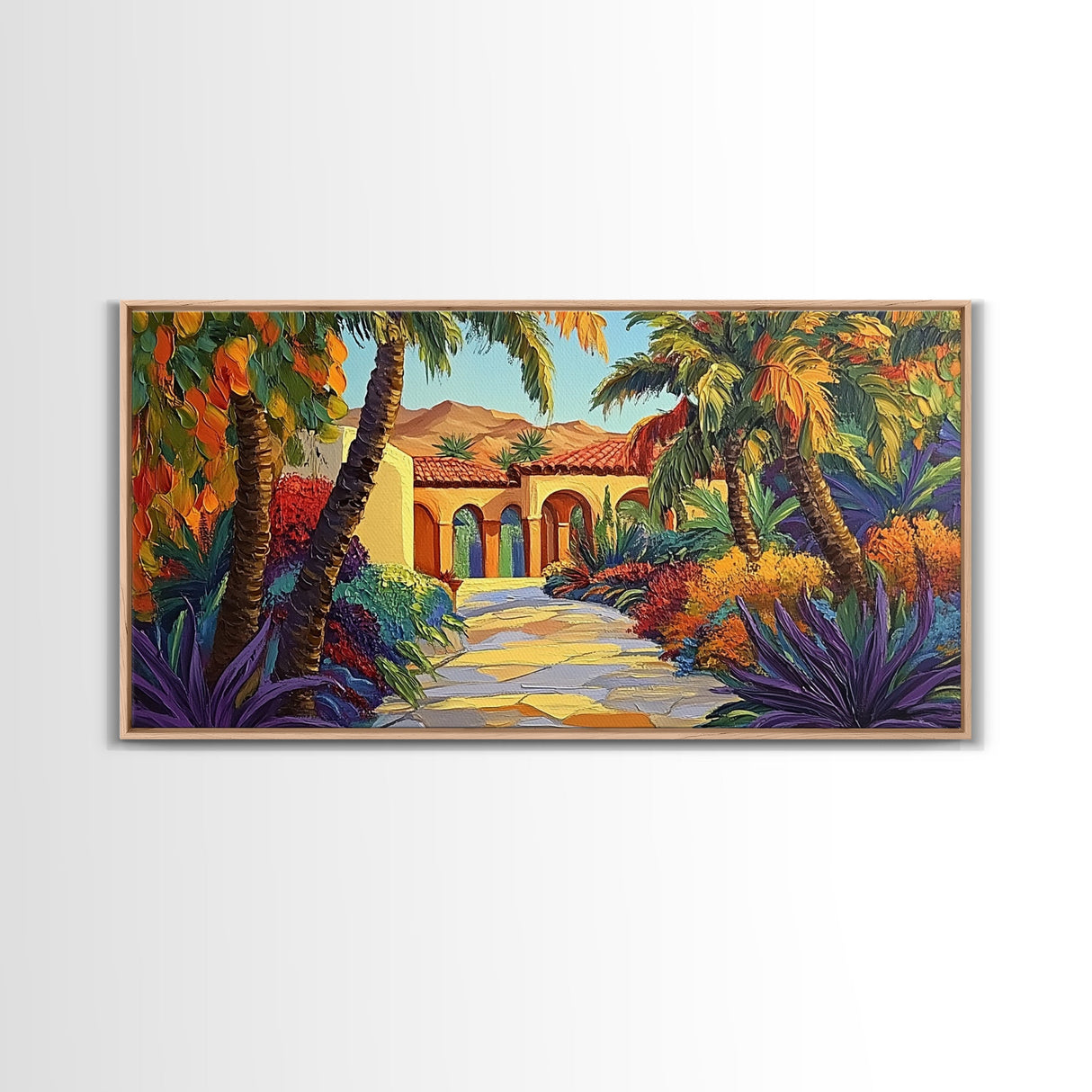 Villa Garden, Palms, Path, Framed Canvas Print, tropical courtyard scene, Mediterranean decor, living room wall art, villa painting