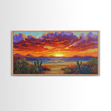 Sunset Beach, Desert, Cactus, Framed Canvas Print, vivid sunset desert beach scene, boho coastal decor, southwestern wall art