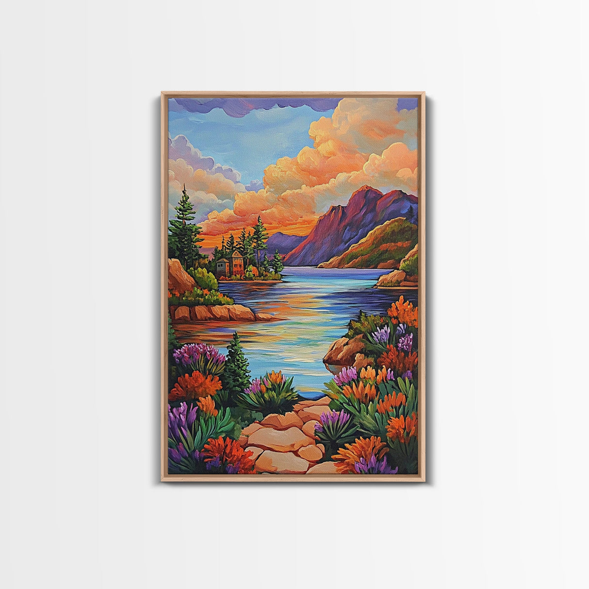 Lake Sunset, Mountains, Cabin, Framed Canvas Print, Serene mountain lake at sunset with cozy cabins, peaceful autumn living room wall art