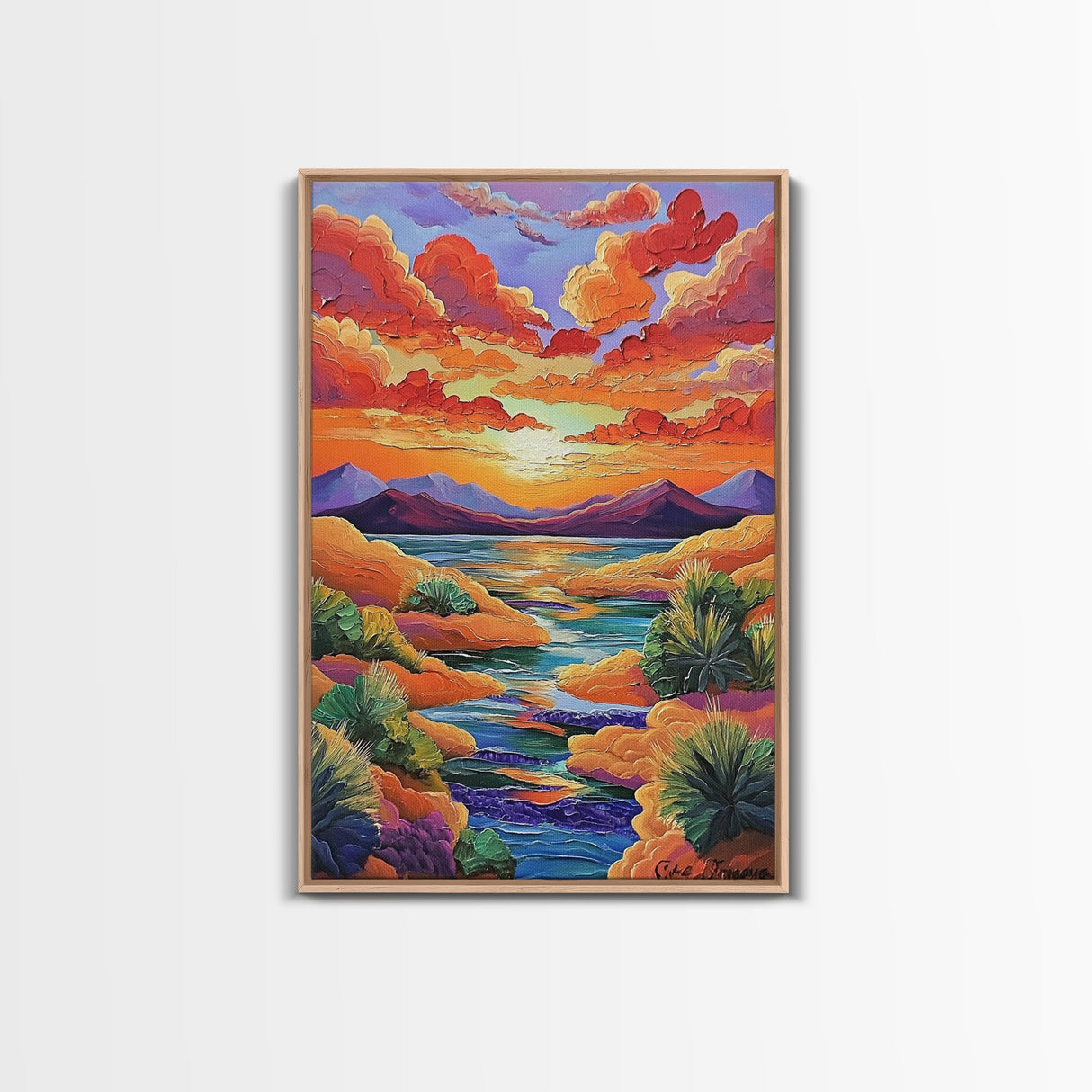 Sunset Desert, River, Color, Framed Canvas Print dreamy painted desert river sunset, colorful sky landscape artwork, nature boho art