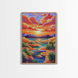 Sunset Desert, River, Color, Framed Canvas Print dreamy painted desert river sunset, colorful sky landscape artwork, nature boho art