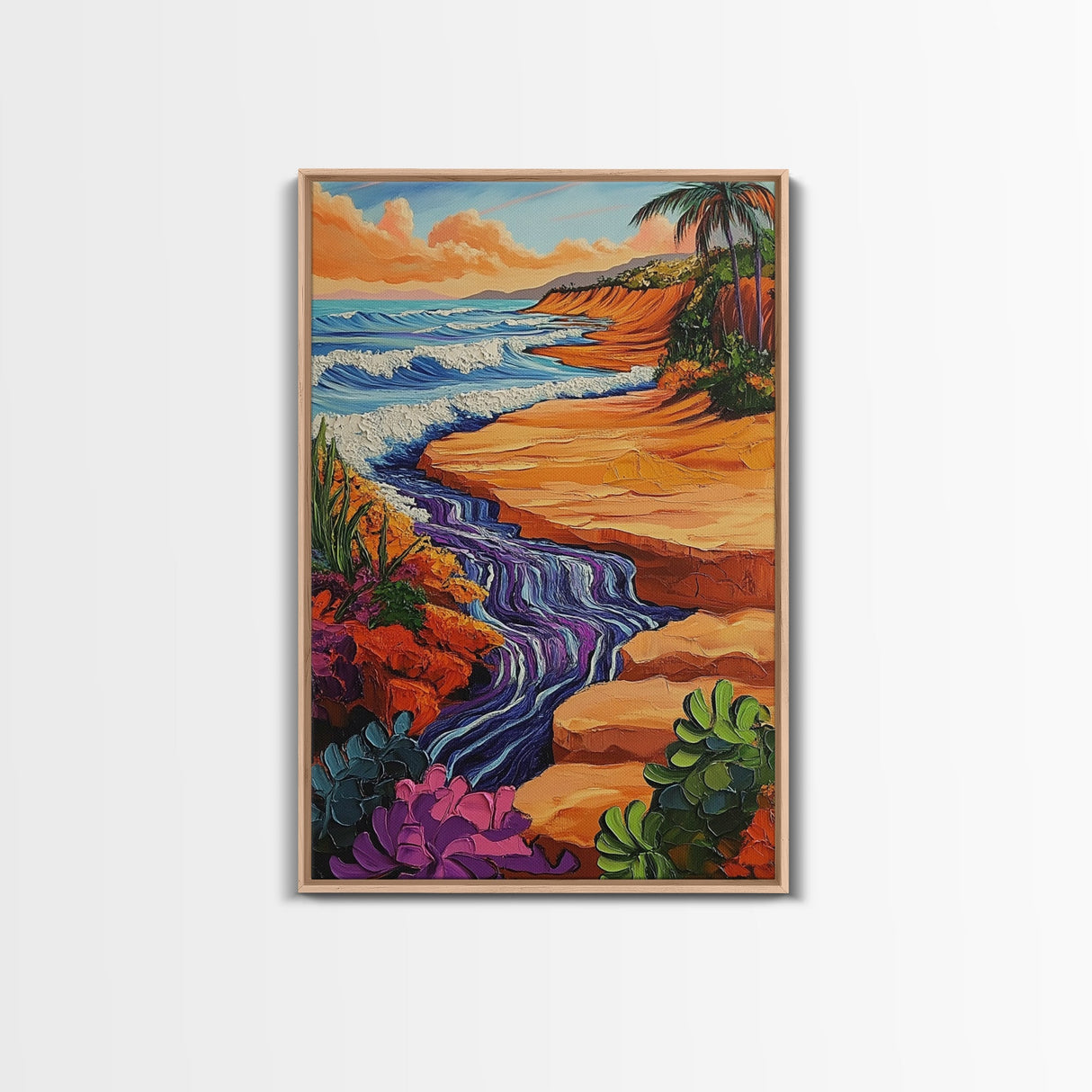 Beach Cliff, Waterfall, Sunset, Canvas Print bold beachside cliff art, ocean waterfall wall decor, coastal boho painting, living room print