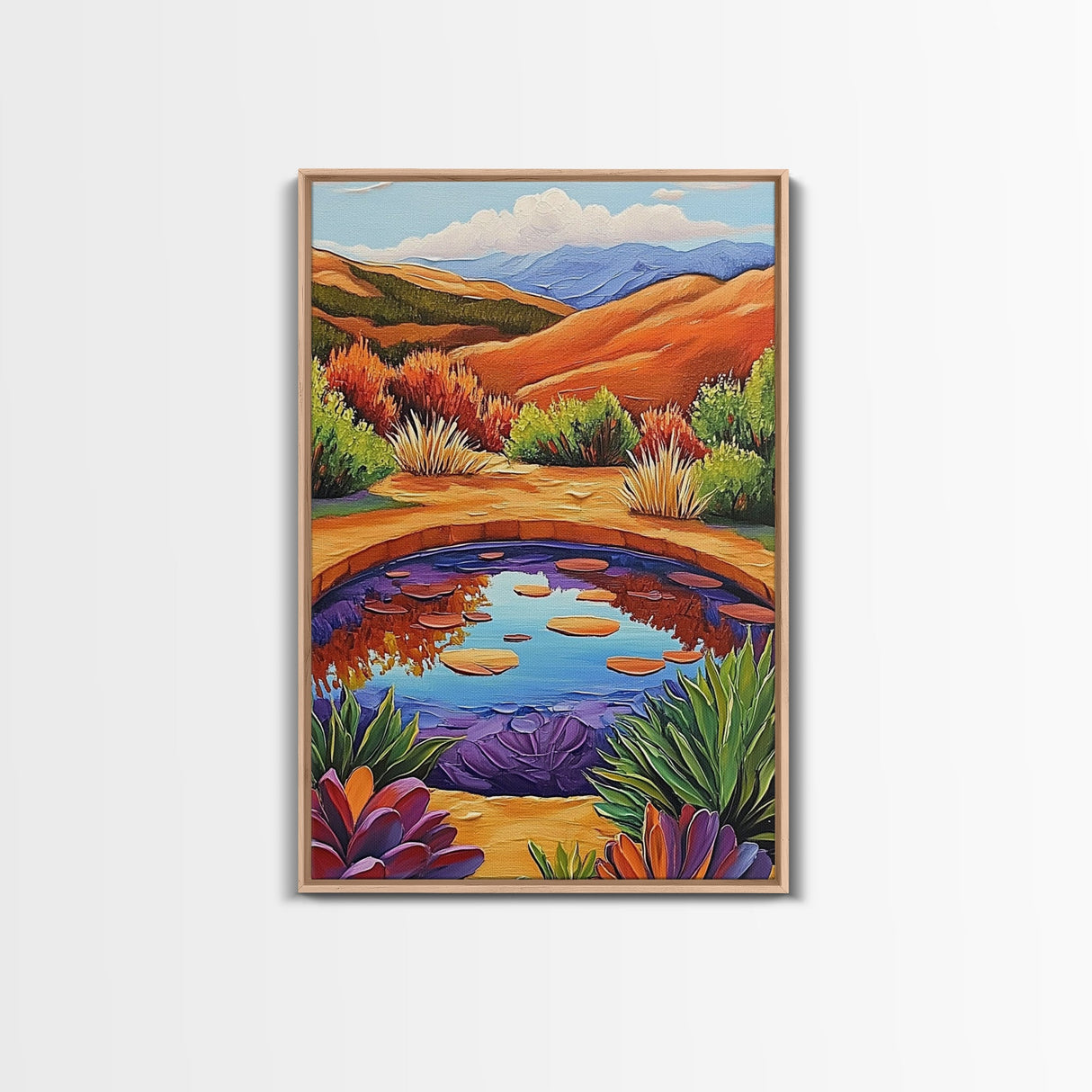 Pond Reflection, Nature, Desert, Framed Canvas Print tranquil desert pond painting, colorful reflection landscape art,  entryway wall decor