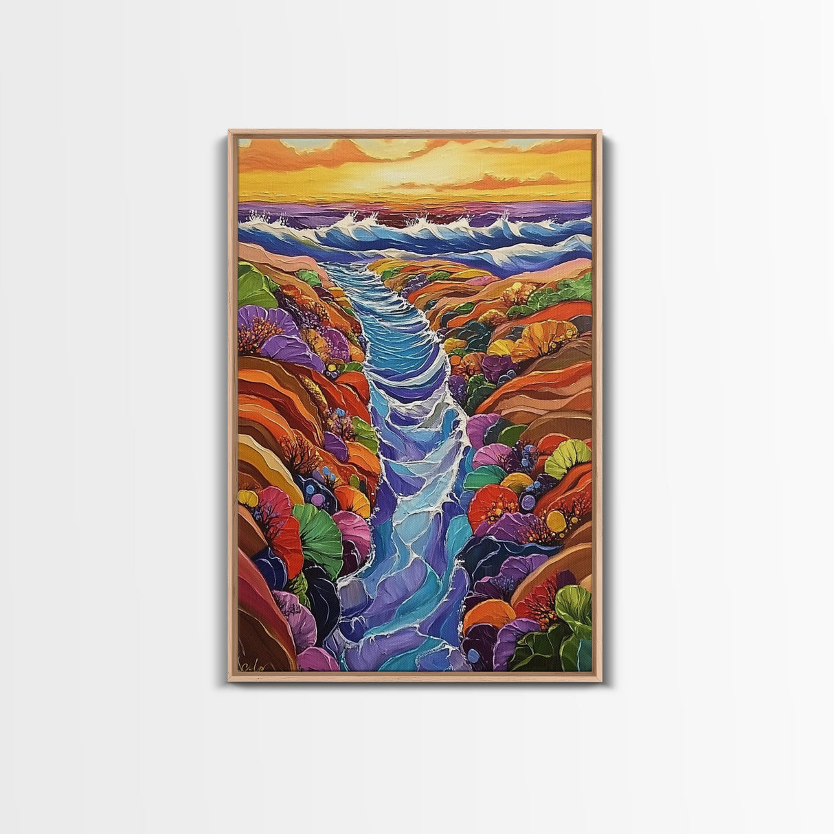 Ocean Tidepool, Rainbow, Shoreline, Canvas Print vivid shoreline tidepool painting, colorful abstract coastal artwork, ocean bathroom wall art