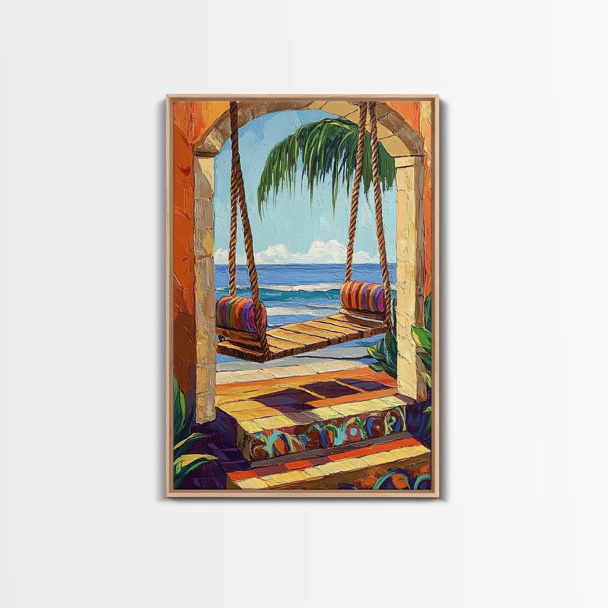 Swing Ocean, Tropical, Archway, Framed Canvas Print, Beach retreat wall art, vibrant tropical decor, Bedroom or Bathroom Wall Art