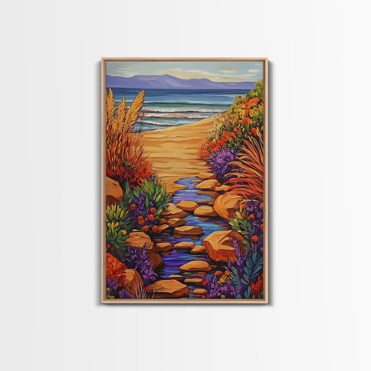 Path Ocean, Flowers, Shoreline, Framed Canvas Print, Bright coastal landscape, colorful wildflower path, Bathroom or Entryway Wall Art