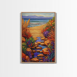 Path Ocean, Flowers, Shoreline, Framed Canvas Print, Bright coastal landscape, colorful wildflower path, Bathroom or Entryway Wall Art