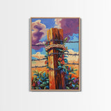Fence Flowers, Sky, Bold, Framed Canvas Print, western barbed wire wall art, farmhouse boho style, sunset rustic decor, entryway or den