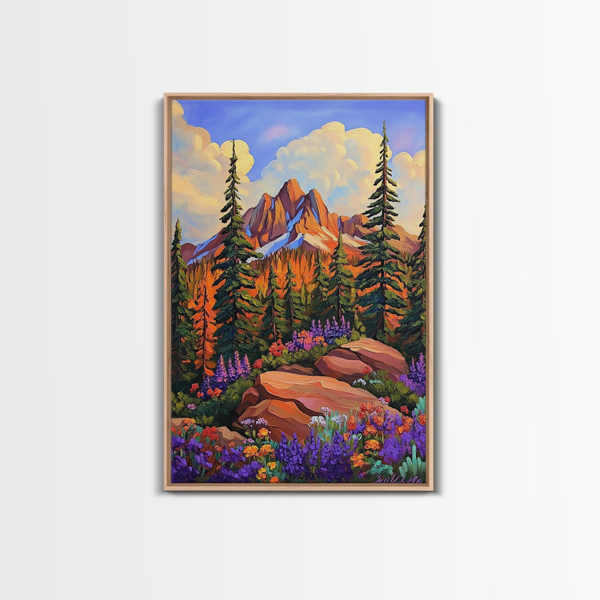 Mountain Forest, Wildflowers, Scenic, Framed Canvas Print, Nature Lover Gift, Cabin Decor, Rustic Living Room Art, Woodland Landscape