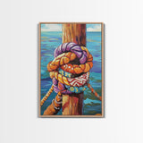 Nautical Knot, Dock, Ocean, Framed Canvas Print, Coastal Wall Art, Beach House Decor, Colorful Seaside Painting, Boat Lover Gift