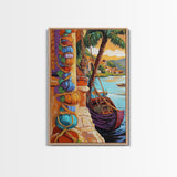 Tropical Boat, Village, Shoreline, Canvas Print, Coastal Wall Art, Vibrant Travel Scene, Boho Seaside Decor, Beach House Painting