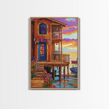 Tropical Sunset, House, Dock, Framed Canvas Print vibrant coastal house wall art, beach wall decor, sunset painting, tropical room decor