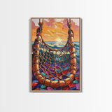 Ocean Hammock, Sunset, Boho, Framed Canvas Print dreamy hammock wall art, ocean sunset boho painting, coastal beach decor, patio art
