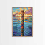 Tribal Water, Pole, Peaceful, Framed Canvas Print tranquil ocean pole artwork, tribal inspired sea painting, boho decor, hallway wall art
