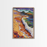 Beach Waves, Sunset, Framed Canvas Print, Vibrant Coastal Wall Art, Tropical Ocean Decor, Colorful Living Room Wall Art, Boho Beach Print