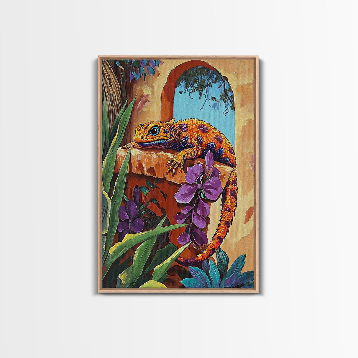 Gecko Tropical, Garden, Framed Canvas Print, Colorful Lizard Art, Desert Wall Decor, Nature Inspired Boho Art, Bathroom art,  Patio Wall Art
