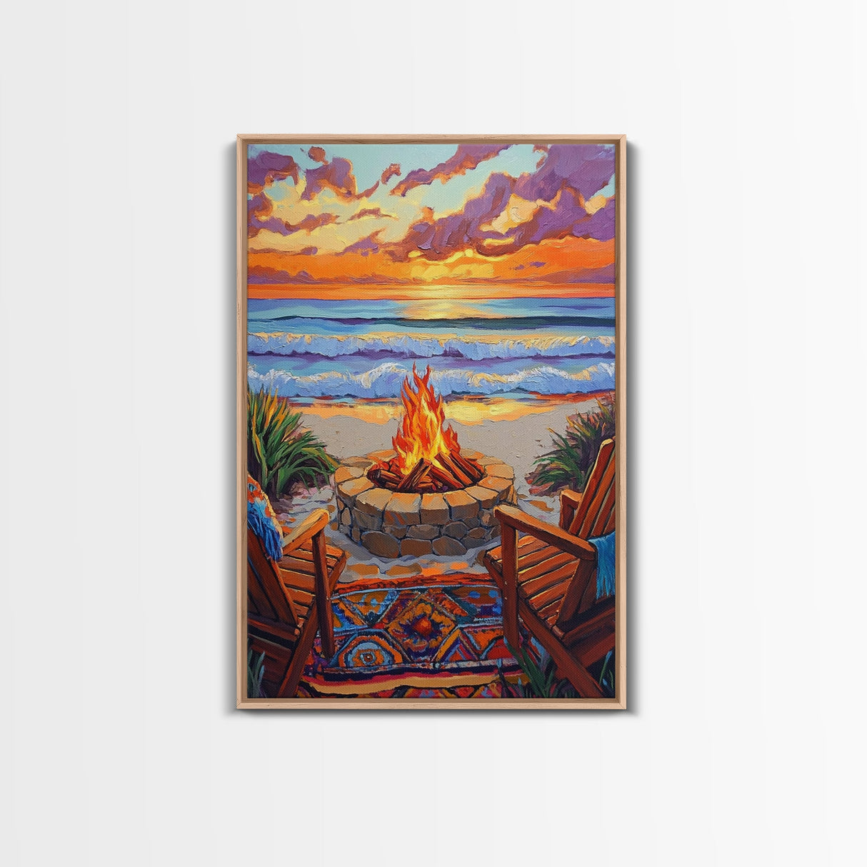 Firepit Sunset, Beach, Chairs, Canvas Print, cozy beach fire art, boho sunset vibes, fall bonfire wall decor, living room or patio