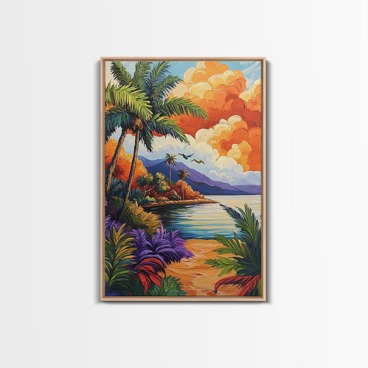 Sunset Palms, Ocean, Autumn, Framed Canvas Print coastal tropical wall art, bold sunset palm decor, boho living room art, beach house vibe