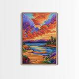 Sunset Lake, Pathway, Dreamy, Framed Canvas Print vibrant sunset lake art, colorful sky and mountain scene, living room art, office boho decor