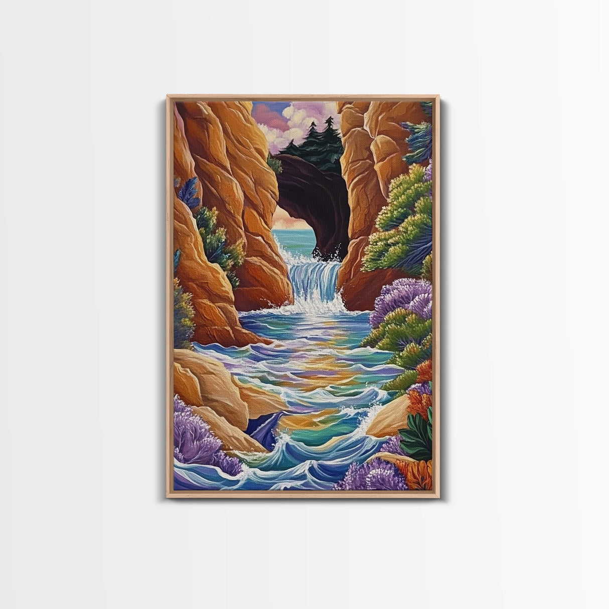 Waterfall Arch, Canyon, Coastal, Framed Canvas Print dramatic coastal waterfall painting, colorful canyon ocean view, nature boho decor