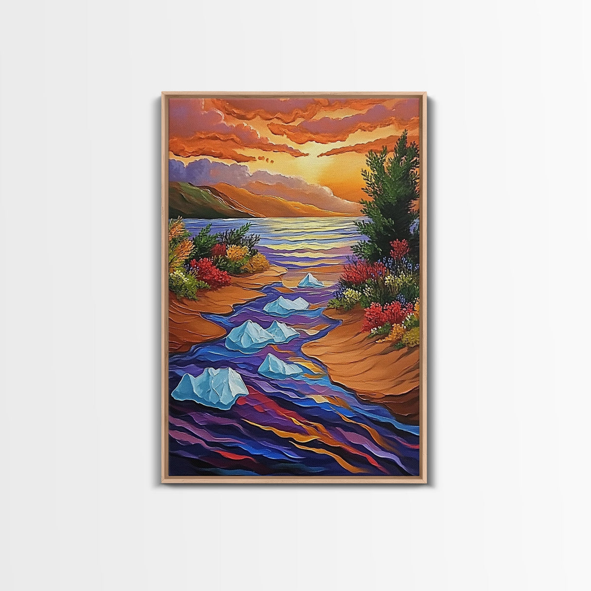 Icebergs River, Sunset, Autumn, Framed Canvas Print colorful autumn iceberg painting, vibrant sunset water flow, fall landscape wall art