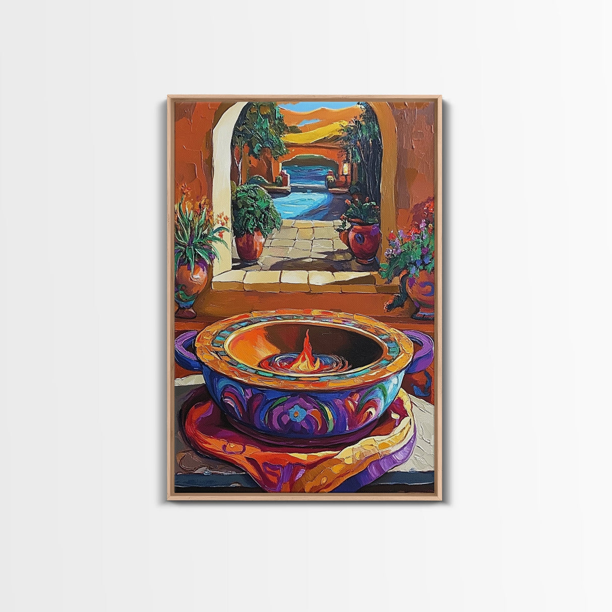 Fire Pottery, Patio, Colorful Framed Canvas Print, Rustic Kitchen Wall Art, Hacienda Style Decor, Bold Mexican Art, Autumn Home Accent