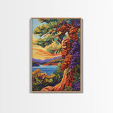 Tree Lake, Mountains, Nature, Framed Canvas Print, pine tree art, autumn landscape wall decor, cozy cabin or lodge art, textured style