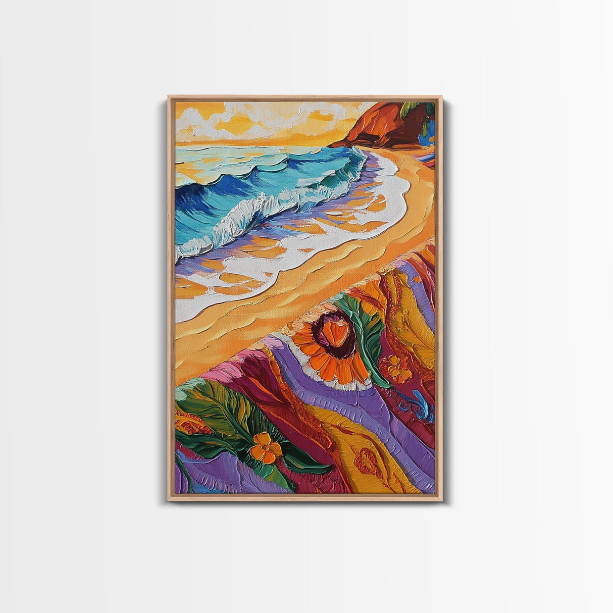 Shore Blanket, Waves, Golden, Canvas Print, tropical boho decor, beach sunset wall art, oceanview relaxation scene, summer bathroom decor