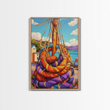 Nautical Rope, Dock, Summer, Framed Canvas Print, Nautical Rope Wall Art, Summer Decor, Bright Harbor Painting, Beach House Wall Accent