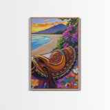 Saddle Sunset, Coastal, Rustic, Framed Canvas Print, Coastal Wall Art, Western Sunset Decor, Rustic Summer Vibes, Living Room Boho Artwork