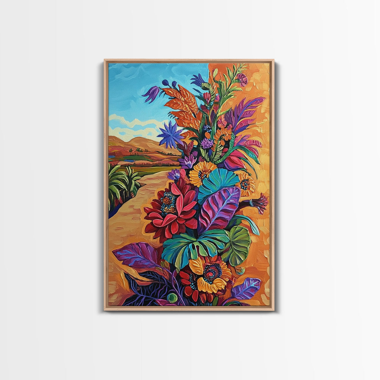 Desert Blooms Roadside, Boho, Framed Canvas Print, Wild Desert Bloom Art, Colorful Flower Canvas, Garden Wall Decor, Southwest Living Room