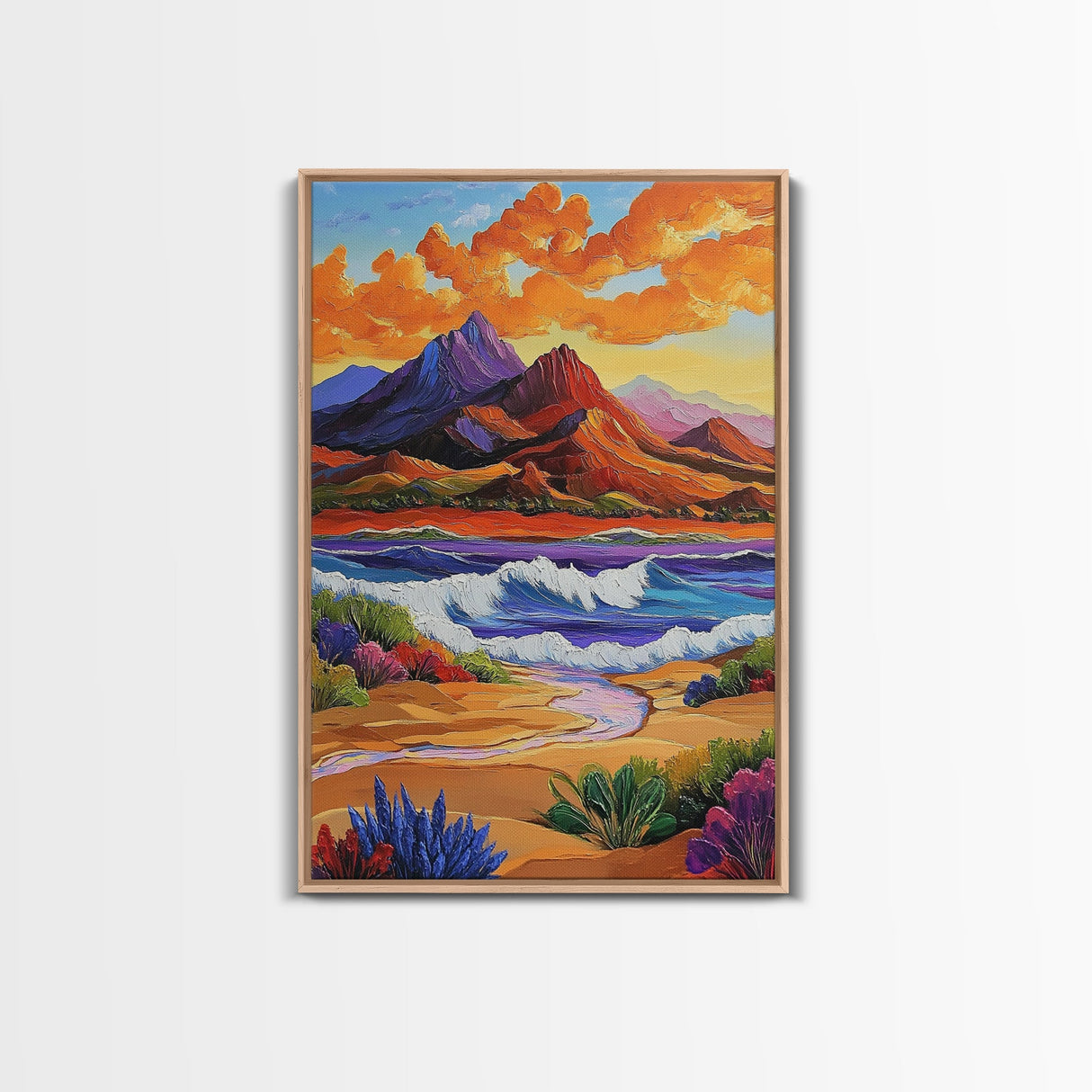 Mountain Coast, Sunset, Bold Desert Landscape Painting, Nature Adventure Art, Office Wall Decor, Framed Canvas Print