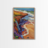 Waterfall Beach, Sunset, Coastal Landscape Framed Canvas Print, Colorful Ocean Wall Decor, Living Room Coastal Art, Seaside Painting