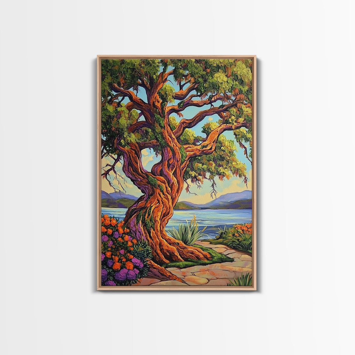 Majestic Tree, Lakeside, Sunset Canvas Print, Nature Lover’s Wall Art, Cabin Living Room Decor, Whimsical Landscape Painting
