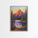 Mountain Sunset, Floral, Lakeview Framed Canvas Print, Bold Nature Landscape, Entryway Autumn Art, Vibrant Boho Wall Decor