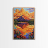 Mountain Reflection, Lake, Sunset, Framed Canvas Print, Vibrant Nature Wall Art, Rustic Cabin Decor, Bold Sunset Landscape Painting