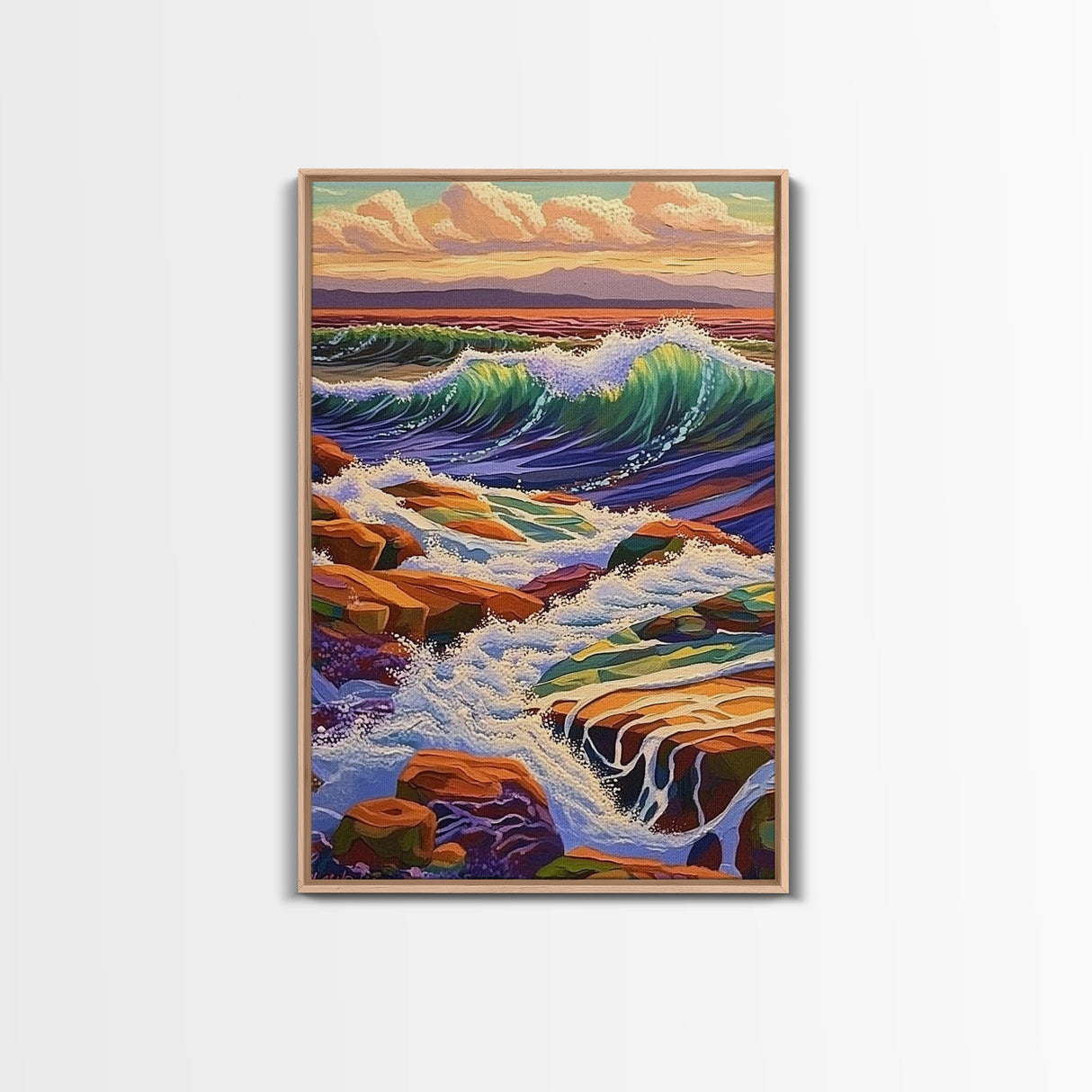 Waves Rocky, Shoreline, Sunset, Framed Canvas Print, Coastal Nature Art, Vibrant Seascape Wall Decor, Bathroom or Living Room Art