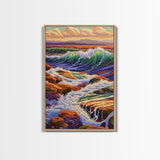 Waves Rocky, Shoreline, Sunset, Framed Canvas Print, Coastal Nature Art, Vibrant Seascape Wall Decor, Bathroom or Living Room Art