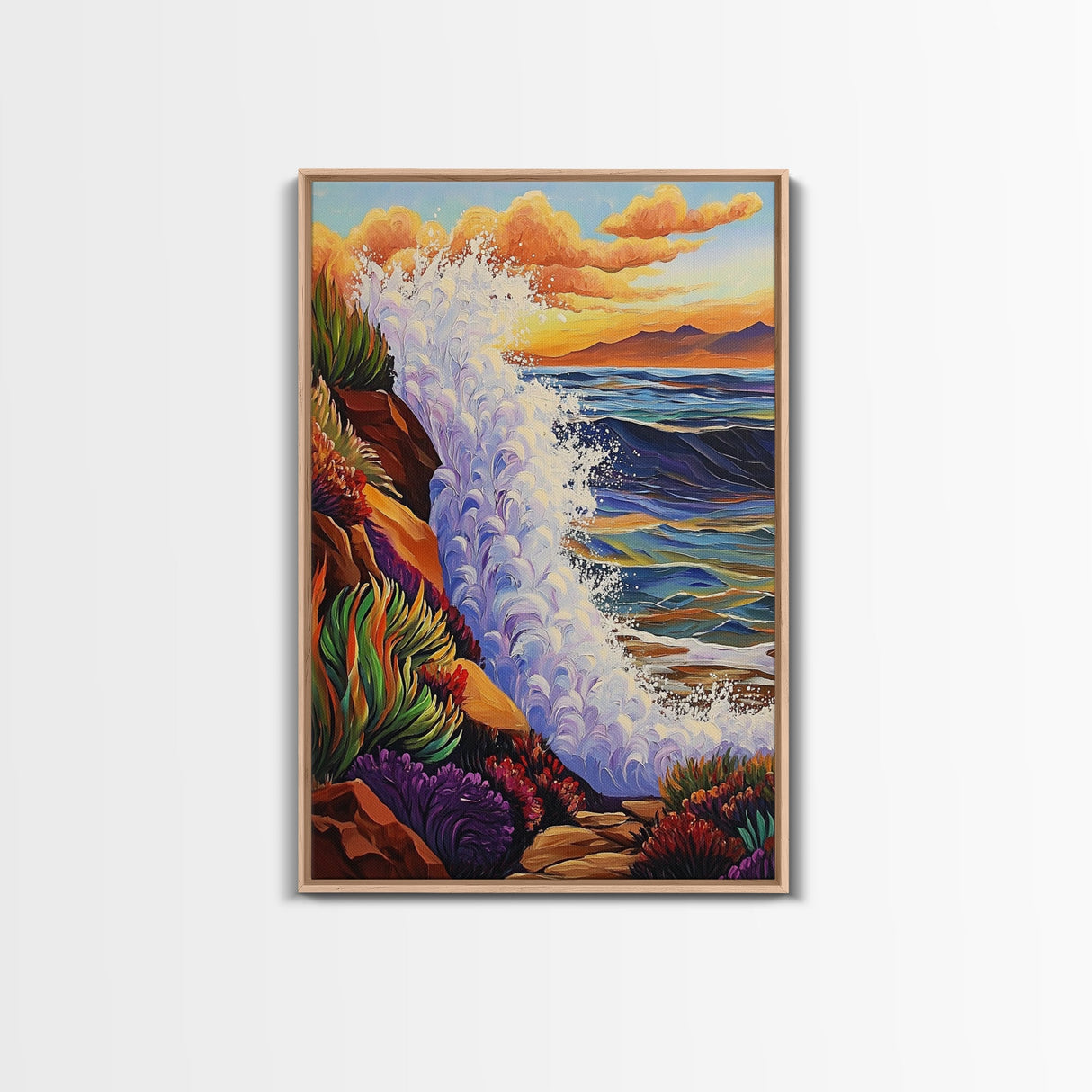 Wave Splash, Cliffside, Sunset, Framed Canvas Print, Bold Ocean Wall Art, Coastal Living Room Decor, Vibrant Beach Seascape Painting