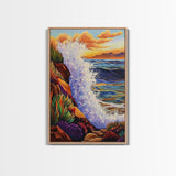 Wave Splash, Cliffside, Sunset, Framed Canvas Print, Bold Ocean Wall Art, Coastal Living Room Decor, Vibrant Beach Seascape Painting