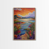Lake Sunset, Wildflowers, Peaceful, Framed Canvas Print, Serene Nature Wall Art, Bedroom or Living Room Decor, Vibrant Landscape Style