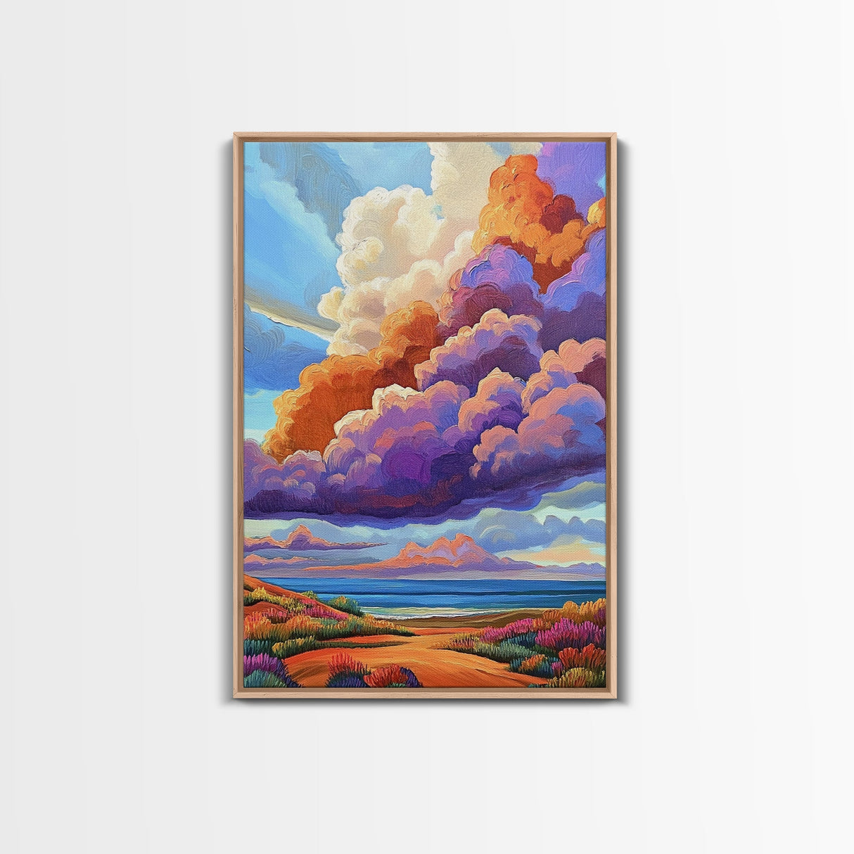 Majestic Cloudscape Art, Sunset Beach Painting, Bold Sky Print, Dreamy Nature Decor, Framed Canvas Print, Living Room Wall Art, surreal art