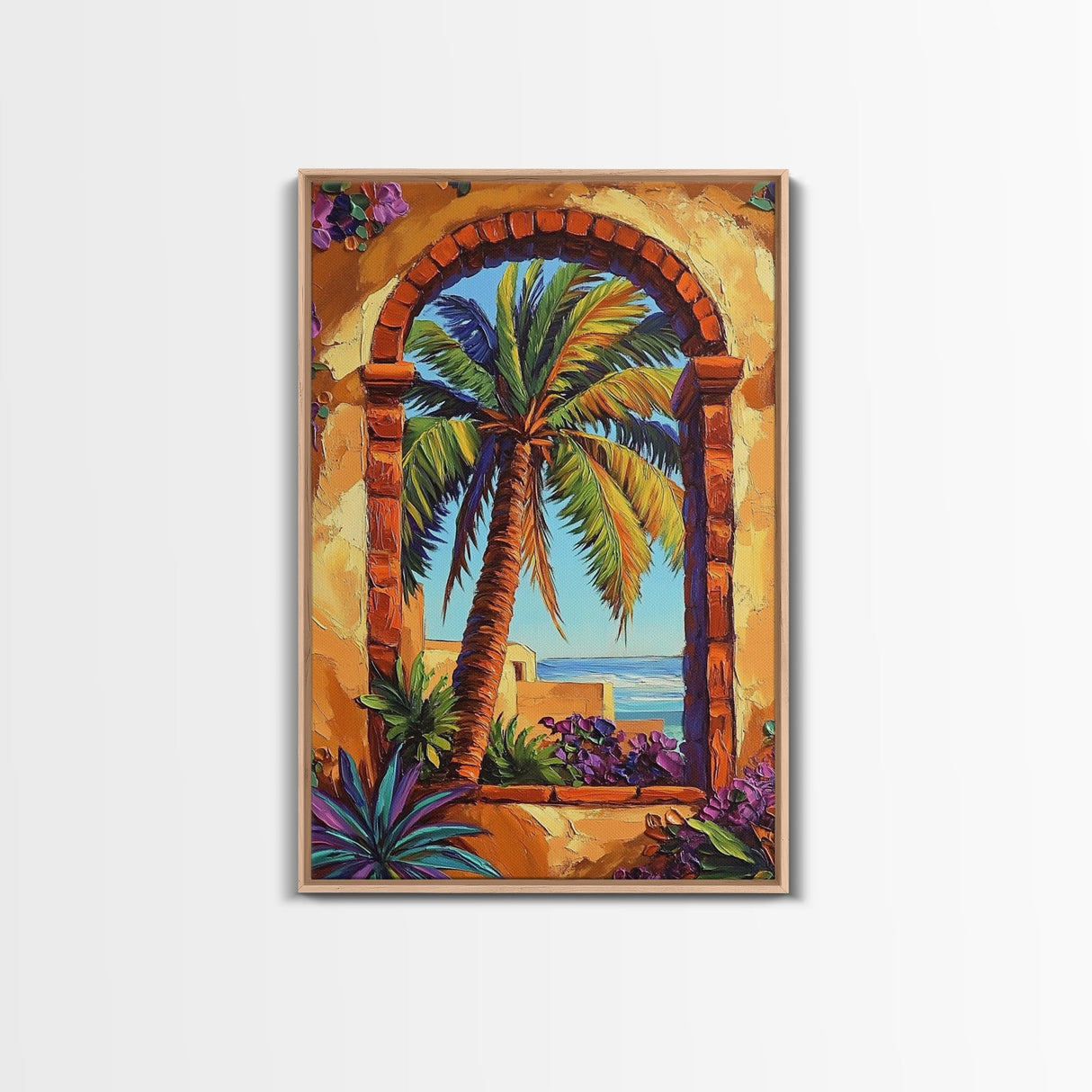 Palm Tree, Tropical Window, Coastal Home, Framed Canvas Print, beach wall art, boho art, Mediterranean decor, Kitchen Wall Art