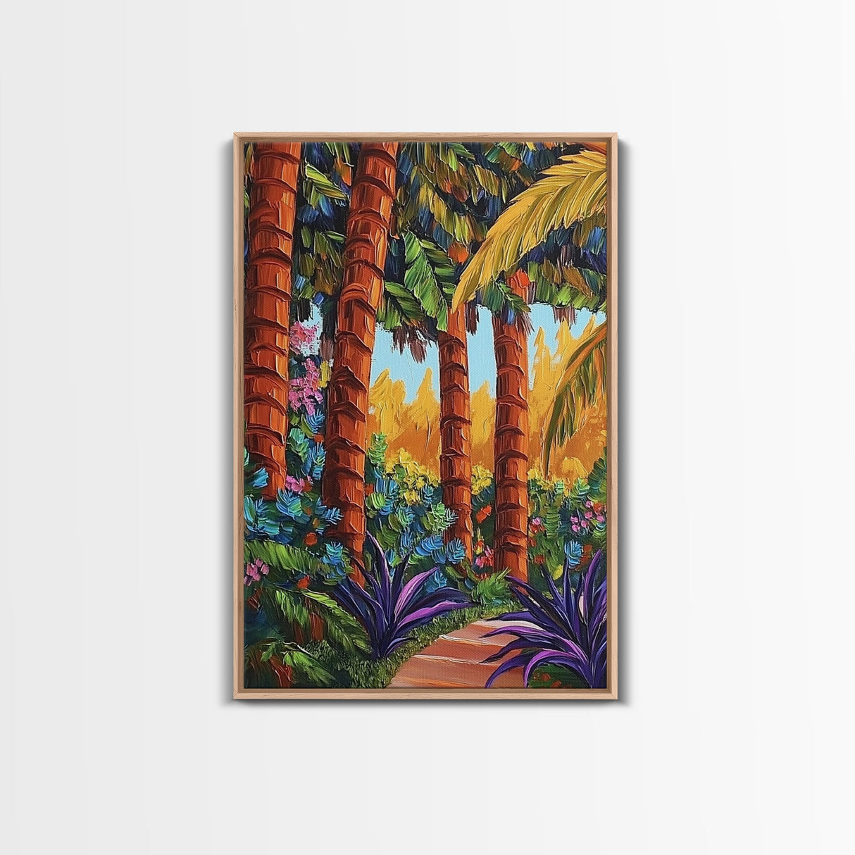 Palm Forest, Jungle Path, Tropical Garden, Canvas Print, exotic greenery, vibrant landscape painting, boho decor, Bathroom Wall Art