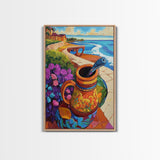 Ocean View, Rustic Charm, Colorful Pottery, Coastal Decor, Framed Canvas Print, Dining Room Wall Art, Mexican Folk Art, vibrant style
