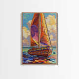 Sailboat Painting, Ocean Breeze, Colorful Nautical, Sunset Boat, Framed Canvas Print, Coastal Wall Art, beach house decor, vivid art